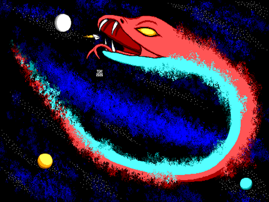 In this piece of high-resolution science fiction pixel art, a fighter ship has encountered a huge snake monster, red with a cyan underside and glowing gold eyes, in the depths of outer space. The ship, the nearby planets, the auroras and the stars around them all look like toys next to the gargantuan snake. Parts of the snake have evaporated into particles, and the ship is flying towards its open mouth.
