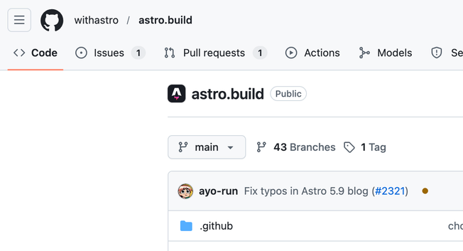 Screenshot of Astro repo on github showing latest commit by me