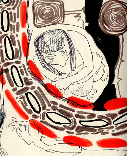 Page of a sketchbook where a girl is wide awake seeing bright circular patterns across her vision and another person sitting balled up.
