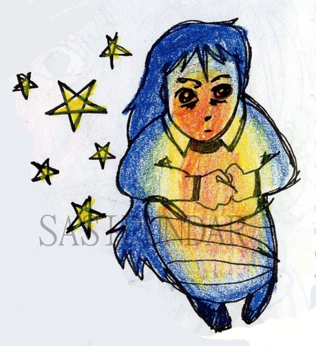 A drawing of a girl with long hair and a striped skirt is looking at the stars, the light from them is illuminating her face and body.