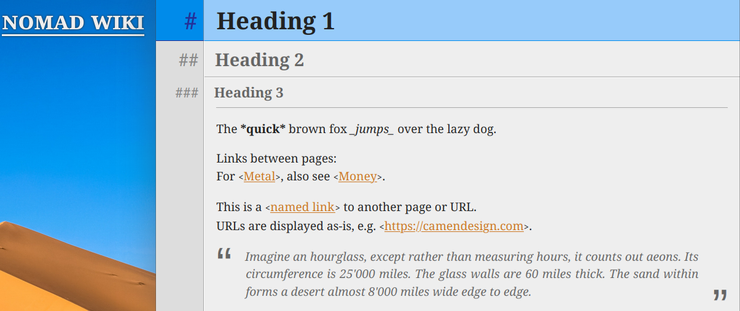 Screenshot of a web-design prototype showing a wiki-like page for formatting for different headers, links and quotes etc.