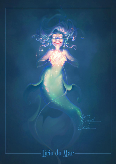 Illustration of a mermaid in a very dark background. The only light source is a glowing sea lilly she holds between her hands, giving her face and toothy grim a spooky aspect.