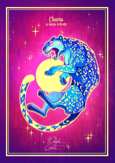 Illustration of an enormous blue jaguar floating in a purple and magenta sky. The moon is a simple circle at the background, and the jaguar seems to be about to bite it.