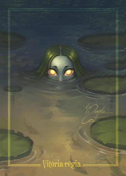 Illustration of a face emerging from the water, looking directly at the viewer with big glowing eyes like those of a cat.