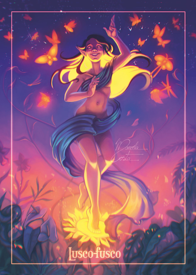 Illustration of a fairy-like humanoid creature balancing on top of a glowing bright yellow sunflower. Her hair glows in the same bright yellow. Many flying insects fly around her.
