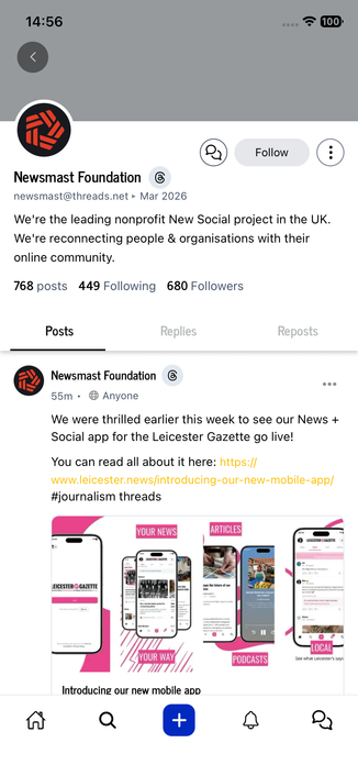 A screenshot of a Newsmast Foundation client app. It shows a Threads account profile, with the Threads symbol besides the display name. 