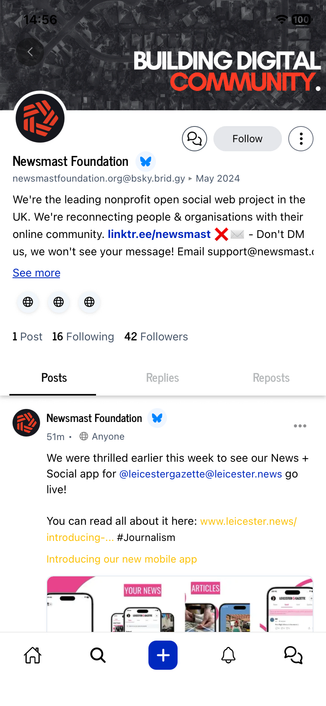 A screenshot of a Newsmast Foundation client app. It shows a Bluesky account profile, with the Bluesky blue butterfly symbol besides the display name. 