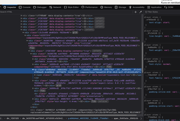 Screenshot from a browser developer tools view displaying website source code. The source code is badly written, most probably with some semi-automated tool which generates unreadable and incomprehensible machine-readable class names and element structures that actively prevent users from applying sensible user CSS styles onto it.