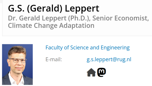 Screenshot of my university of Groningen profile showing a Mastodon button and link to the Mastodon presence. This screenshots focuses on the button only. 

The page reads:

G.S. (Gerald) Leppert
Dr. Gerald Leppert (Ph.D.), Senior Economist, Climate Change Adaptation
Profile picture of G.S. (Gerald) Leppert
Faculty of Science and Engineering
E-mail: g.s.leppert@rug.nl
Homepage Mastodon