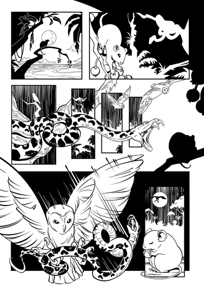 A black and white single page comic portraying the struggle of a rodent, a serpent and a night owl for survival in the deep jungle.