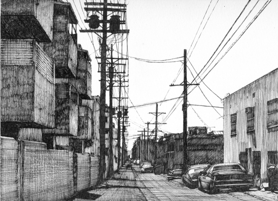 Black and white ink drawing, with cross-hatching, of an Alley. The right side features industrial buildings and parked cars. The left side has residential buildings. And on both sides, a row of poles with cables, more numerous on the left.
