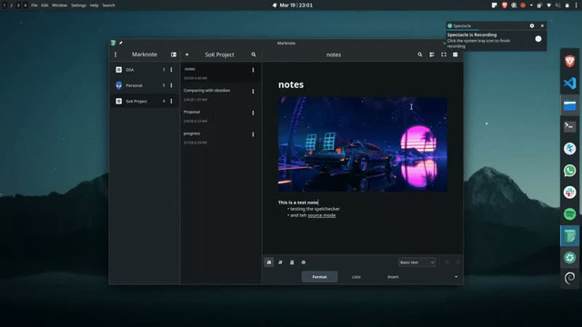 An animation showing Marknote, KDE's note-taking app, and how you can switch between the enriched text editor and source editor, and how you can switch on spellcheck.
