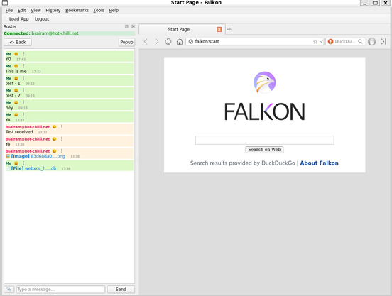 Falkon, KDE's web browser, showing the inbuilt chat feature on the left.