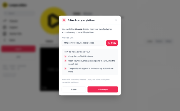Loops Profile with the new Follow Modal shown to guests