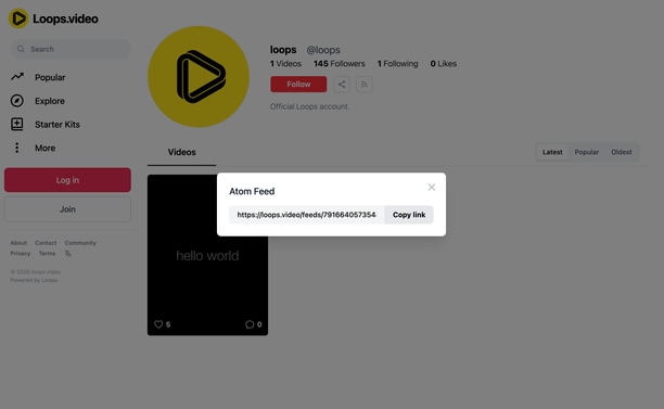 Loops Profile with the new Atom feed modal