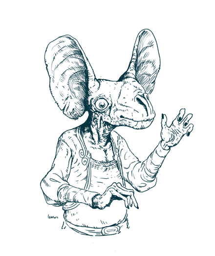 Drawing of an humanoid creature with very large ears and a face that resemble a bat.