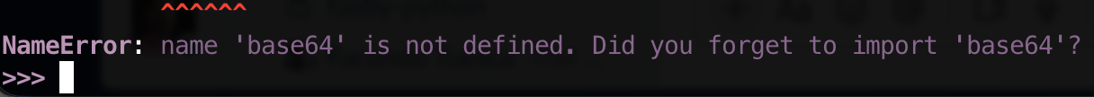 Screenshot of a Python terminal REPL with the text:

NameError: name 'base64' is not defined. Did you forget to import 'base64'?