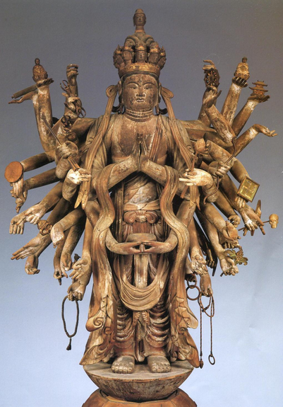 Shigatsu-do wooden standing statue of Senju #Kannon, Todai-ji, #Japan. It is called 'Shigetsu-do' or 'Sanmaido' because the Lotus Samadhi is held every April. It is said to have been created in the early #Heian period, and its plump, #Chinese-style facial features with three eyes are impressive.
#BuddhistArt #Buddhism