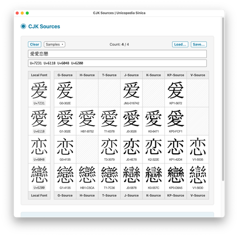 Unicopedia Sinica - CJK Sources utility screenshot
Four simplified and traditional "Love" characters