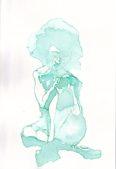 Turquoise ink and water art of a figure sitting and looking down, with both hands folded on a raised knee. The ink is mixed with water to create loose, abstract pools and shapes, which imply the shape of their body. Despite this, it's clear they have a striking nose and closed eyes, large hair, and clasped fingers. They have dramatically shaped musculature, with watery ink shadows. There's gold sparkles in some areas of the turquoise ink, evoking the mineral malachite. All the ink flowing with water and the the turquoise hue also givers a almost mermaid or sea-femme-spirit feel.