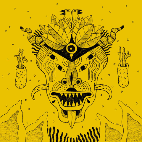 Sketch of a ritual mask with many eyes and decorations