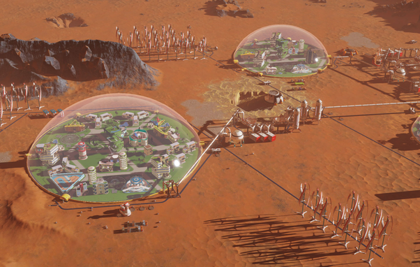 It's a screenshot from surviving mars. There are big domes build on the planets surface designed to provide a safe, breathable environment for the human colonists. 
