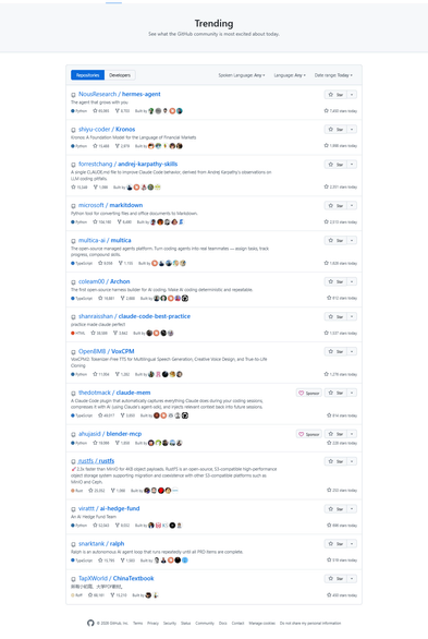 github trending

1. https://github.com/NousResearch/hermes-agent

2. https://github.com/shiyu-coder/Kronos

3. https://github.com/forrestchang/andrej-karpathy-skills

4. https://github.com/microsoft/markitdown

5. https://github.com/microsoft/markitdown

6. https://github.com/multica-ai/multica

7. https://github.com/coleam00/Archon

8. https://github.com/shanraisshan/claude-code-best-practice

9. https://github.com/OpenBMB/VoxCPM

10. https://github.com/thedotmack/claude-mem

11. https://github.com/ahujasid/blender-mcp

12. https://github.com/rustfs/rustfs

13. https://github.com/virattt/ai-hedge-fund

14. https://github.com/snarktank/ralph

15. https://github.com/TapXWorld/ChinaTextbook