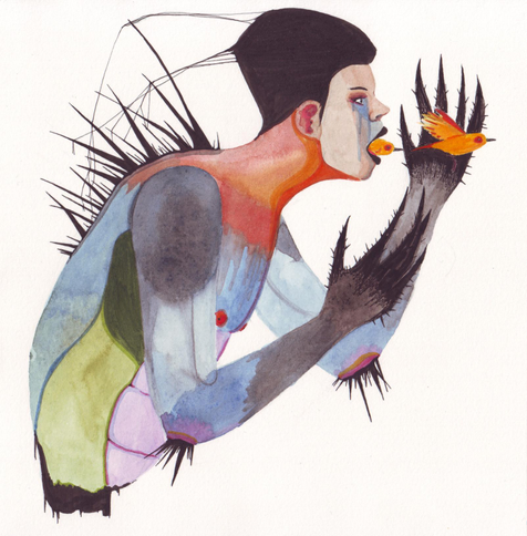 Dessin d'un personnage avec des piquants sur le dos et la tête, des oiseaux sortent de sa bouche.