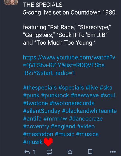 Screenshot of a toot which is a link to a YouTube video of The Specials with the SilentSunday hashtag on it. (Don't get me wrong! I love The Specials!)