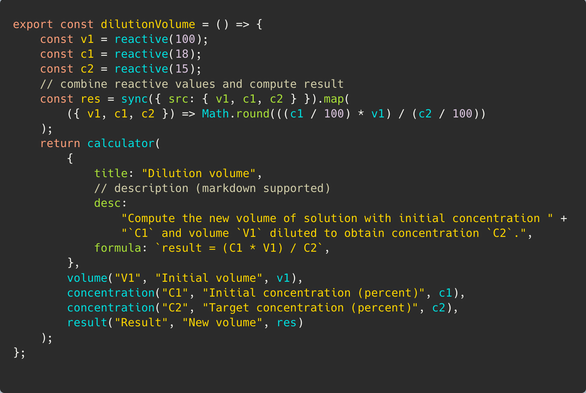 TypeScript source code of the entire reactive "dilution volume" calculator module of the linked example project