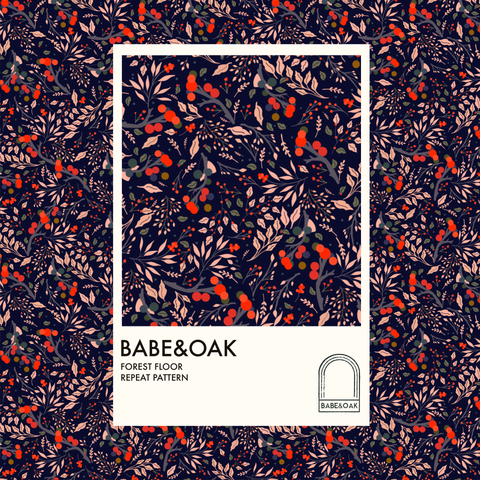 
Swatch card of my Forest Floor Repeat Pattern. Repeat pattern of the greenery crushed into a forest floor. tan leaf branches and grey slate branches with bright red and dark green large berries also small branches of tan leaves with red berries and slate grey branches with tan leaves on a dark navy blue background 
