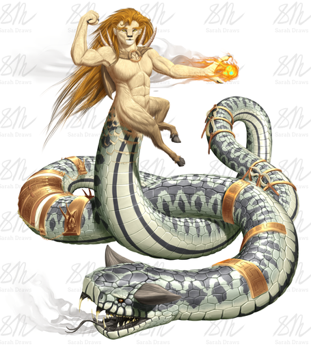 Creature Concept: Greek Chimera

A pale tan, muscular humanoid lion woman with goat's legs hangs upheld by her long snake tail, which ends with the horned head of a European Adder. The adder breathes smoke, and the lion hold a streaming fireball in her left hand. The other hand is upraised in a flex. The snake tail is covered in polished bronze jewelry, and the lion portion wears nothing but a shawl of goat hide, the back of which has 2 horned goat skulls stitched onto it.

Art by @Sarah_Draws.