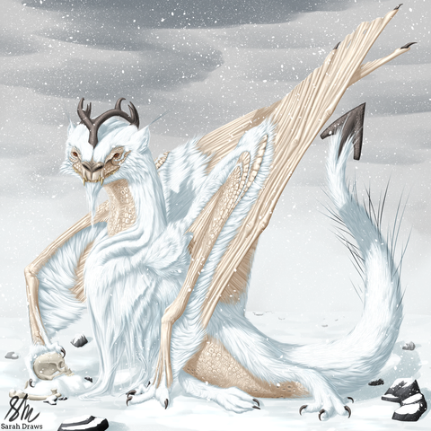 Creature Concept: Northern Dragon

A white dragon sits up on a snowy tundra plain. Black rocks litter the ground, and grey clouds cover the skies, which are grey with blizzard clouds. Beneath the dragon's front claw is a human skull.

The dragon has folded pterodactyl-like wings with hairy claws for fingers. Its back legs are also fluffy, and look much like the talons of a snowy owl. 3 horns grow from the dragon's head; 2 short ones from the back, and 1 longer, forked one from the center. The tail ends in a triangular barb made from the same material as the horns, and sensory bristles stick out from the length of the tail like whiskers. Similar whiskers, only shorter, are found on the cheeks and the tips of the ears.

Art by @Sarah_Draws.