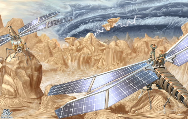 Illustration: Stormfront (Sci-fi Art)

Illustration of a pale orange stone desert, with mountains in the background. Behind the mountains looms a churning, deep blue stormfront, which is split by a single bolt of lightning that reaches to a nearby floating island, and from there to the nearest peak. Dust blows violently across the landscape in front of the storm, and in the foreground, two dragonfly-like mechs perch on some eroded rock formations. They have scrap solar panels for wings, and twin cockpits for eyes.

Two characters stand on top of the nearest mech; one sitting upon the wing rotator joint, and the other looking towards the storm through a pair of binoculars. In the further mech, the pilots remain in the eyeball cockpits. One appears to be viewing a holographic display within the glass, and the other is looking over his shoulder, eyes shaded, at the storm.

Art by @Sarah_Draws.