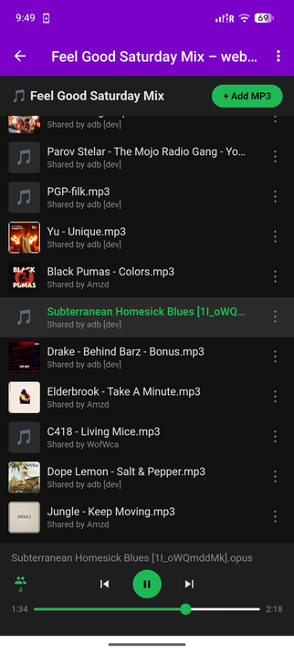 an screenshot of an in-chat mini-app in ArcaneChat, the mini-app is a music player with a playlist