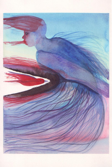 Dessin d'un oiseau transperçant une sorte personnage spectral.