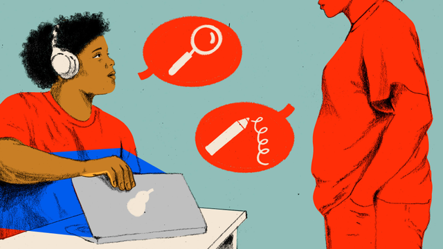 An illustration depicts two people talking, through speech bubbles, while one of them is closing a laptop. One of the speech bubbles contains a magnifying glass (or "search" icon) and the other one shows a pencil writing.