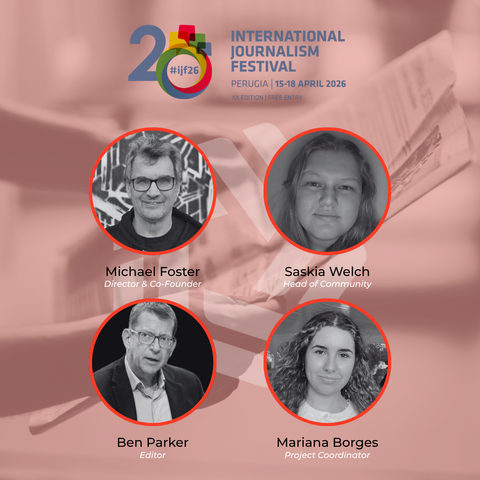 A graphic which shows the Newsmast Foundation team, Michael Foster (Director & Co-Founder), Saskia Welch (Head of Community), Ben Parker (Editor), Mariana Borges (Project Coordinator). It says they're going to attend the International Journalism Festival, Perugia 15-18 April. 