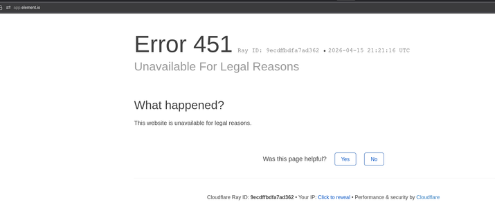 A cloudflare status page saying “Error 451 Unavailable For Legal Reasons” on app.element.io
