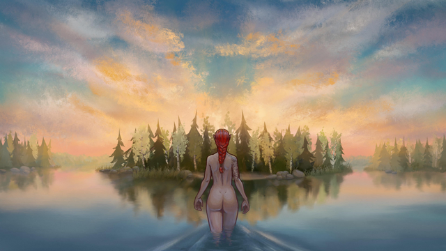 Digital painting depicting a quiet lake at sunset. The sun is behind an island covered with spruce and birch trees, its light filtering through the top branches and reflecting from the clouds above. In the foreground Miriel, an elven woman with braided red hair, is walking naked into the water.