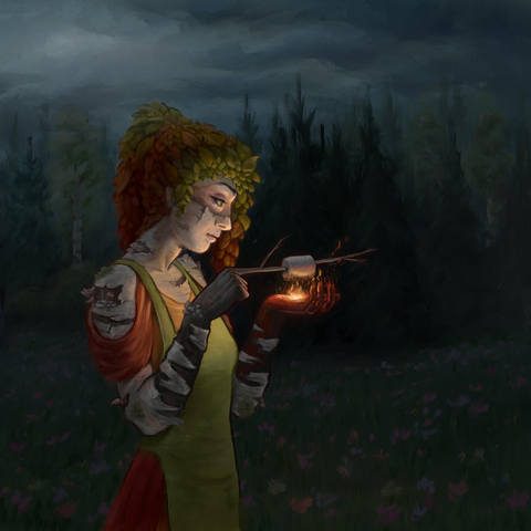 Digital painting of Ivu the dryad, a woman with birch bark for skin and leaves for hair, standing in a moonlit meadow. One of her hands is a glowing ember with a flame held in the palm. The other hand sprouts a twig which holds a marshmallow over the flame.