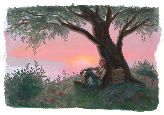 Gouache painting of Miriel, a red-haired elf, sitting under a tree. In the distance behind her, the sun is setting across a lake, coloring the sky in warm tones of orange and pink. A backpack is propped up against the tree, and the surrounding ground is covered in grass, flowers, and bushes.