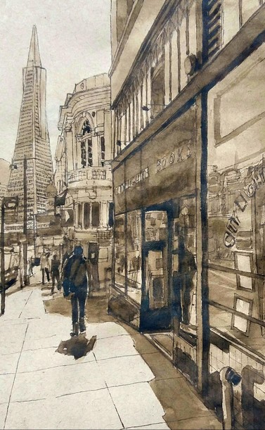 The drawing shows, on the right, from a sidewalk on Columbus Avenue in San Francisco, the famous City Lights Bookstore, its name displayed above the entrance. Reflections of the outside world mingle with the books on display in its windows. Several passersby are on the sidewalk. Their shadows indicate that the scene is backlit. The building next to the bookstore is architecturally rich in detail. In the background, the distinctive Transamerica Pyramid points toward the sky.