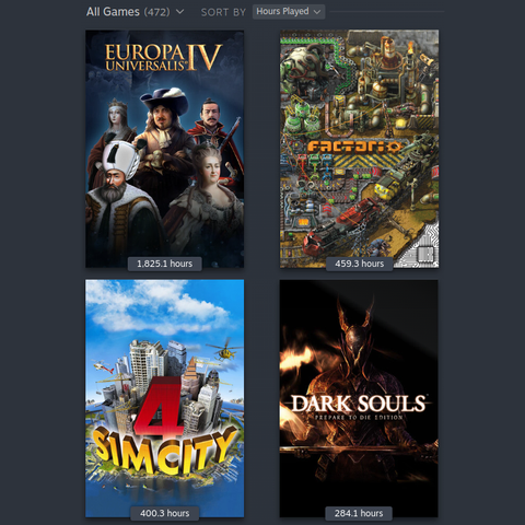 A Steam screenshot showing my most played games: Europa Universalis IV, Factorio, SimCity 4, and Dark Souls.