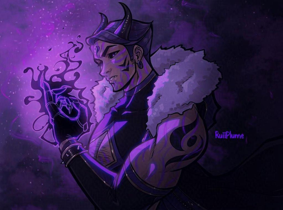 [OC] Frankie Cho aka Mr. Nightbringer in his demon form from my comic in progress PowerTwined. Purple hair slick back with black horns. Glowing purple eyes, black sclera, and makings on his face and shoulders. Black and purple flame on his hand with a negative effect. Glowing purple veins all over his body and a small showing of a fang if you look closely.

Done in procreate