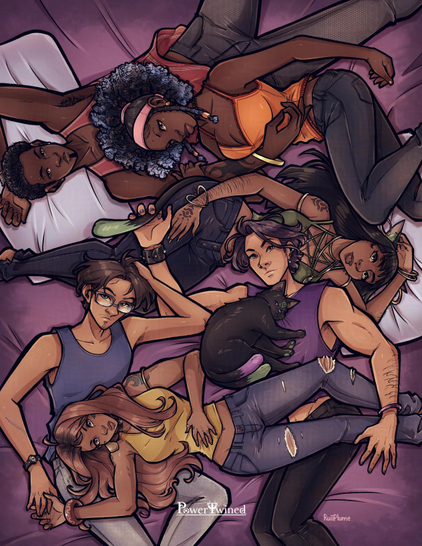 OC] The cast of PowerTwined crew from left to right: Calvin, Aisha, Zari, Walter, Kareena, Cocoa and Frankie.

A fully colored illustration featuring six people and a cat laying on what appeared to be a huge magenta sheet bed with two lavender pillows. All are wearing a different kind of tank top and different color denim jeans. Calvin donning a red tank with thin white stripes and grey denim jeans, and Aisha wearing an orange spaghetti-strap tank with red-orange trimming at the edges with pale dark navy denim jeans. Zari wears a olive green tank with a pentagram design at the chest with silver studs at the perpendicular corners with dark navy blue denim jeans. Frankie is wearing a purple tank with thick straps but a rip at the bottom forming a crop top and off black denim jeans. Cocoa, a black cat with violet eyes, green tattoo, nose and toe beans and two tails with violet tips on one and green on the other, resting on Frankie's chest. Kareena is wearing a yellow tank with blue ripped denim jeans and on top of Walter and Frankie. Walter is wearing a blue tank with light blue denim jeans. The PowerTwined logo is at the bottom middle on top of Walter's left leg.