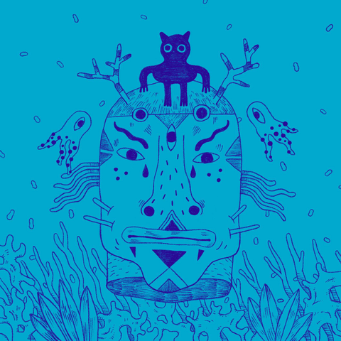 Drawing of a ritual mask underwater. 3 eyes. Octopus around