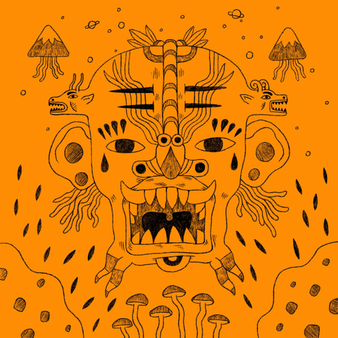 Drawing of a strange ritual mask; fangs. Gargoyles emerge from its temples.