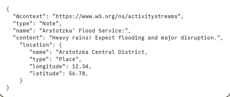 {
  "@context": "https://www.w3.org/ns/activitystreams",
  "type": "Note",
  "name": "Arstotzka' Flood Service:",
  "content": "Heavy rains! Expect flooding and major disruption.",
    "location": {
       "name": "Arstotzka Central District,
       "type": "Place",
       "longitude": 12.34,
       "latitude": 56.78,
    }
}