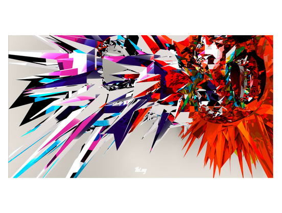 3D render of a highly abstracted, faceted and distorted object, actually the first three letters of the word DECODE. The object has a mirrored surface reflecting a chaotic and scattered arrangement of multi-colored objects behind the camera. Plain light gray background.